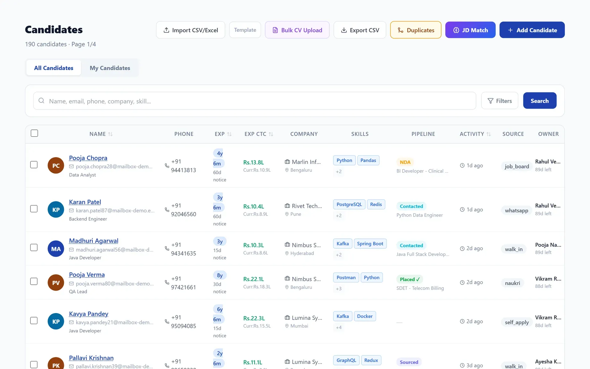 AVIIN ATS applicant database with search and filters (demo data)