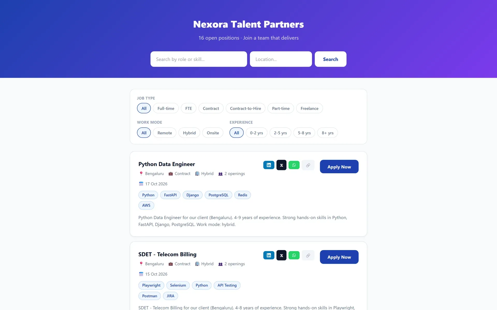 A careers page built with AVIIN ATS, with search, filters and a list of open jobs with Apply Now buttons (demo data)