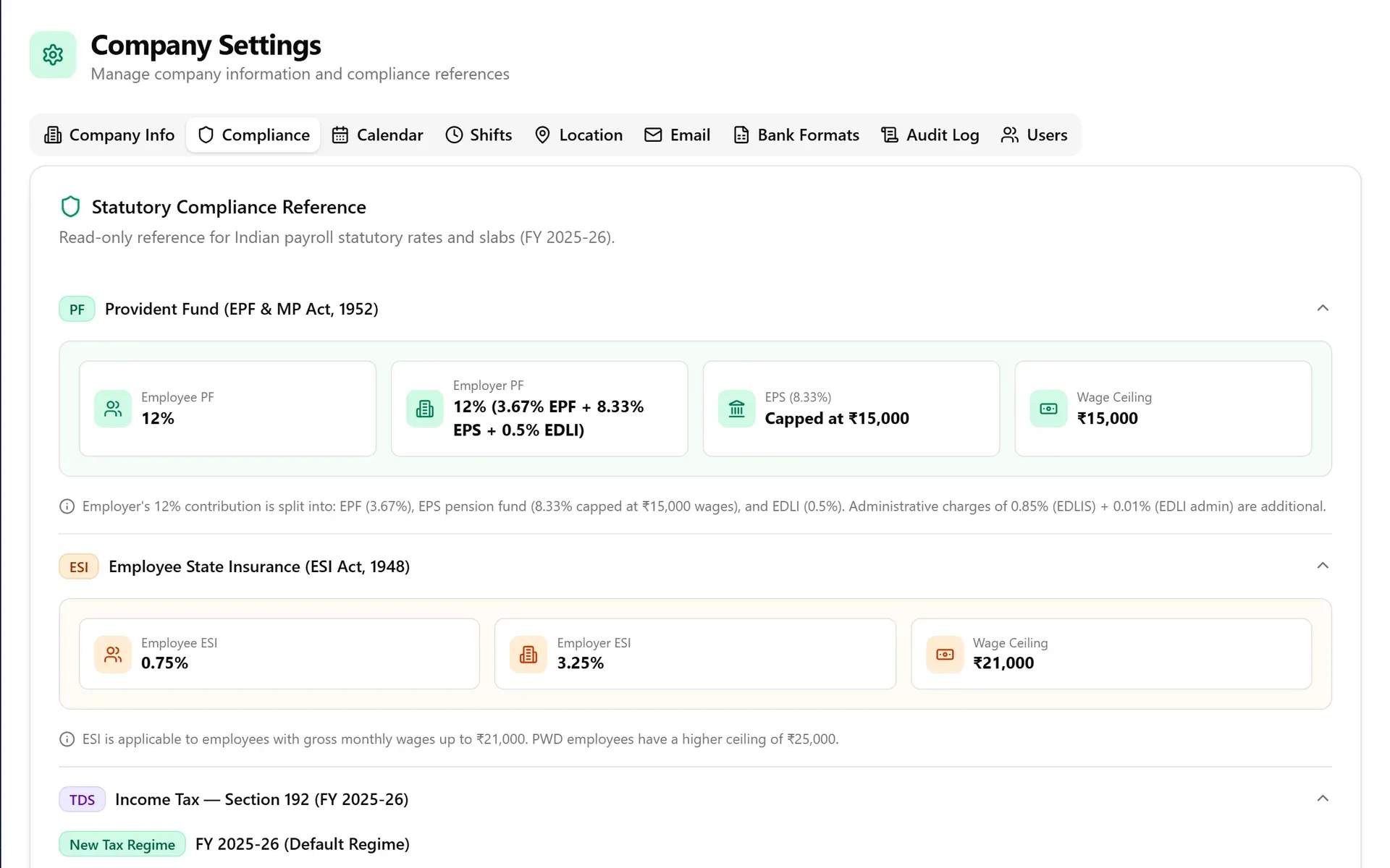 PayrollPro company settings showing the statutory reference for provident fund and ESI rates and wage ceilings, with tabs for calendar, shifts, location, email, bank formats, audit log and users (demo data)