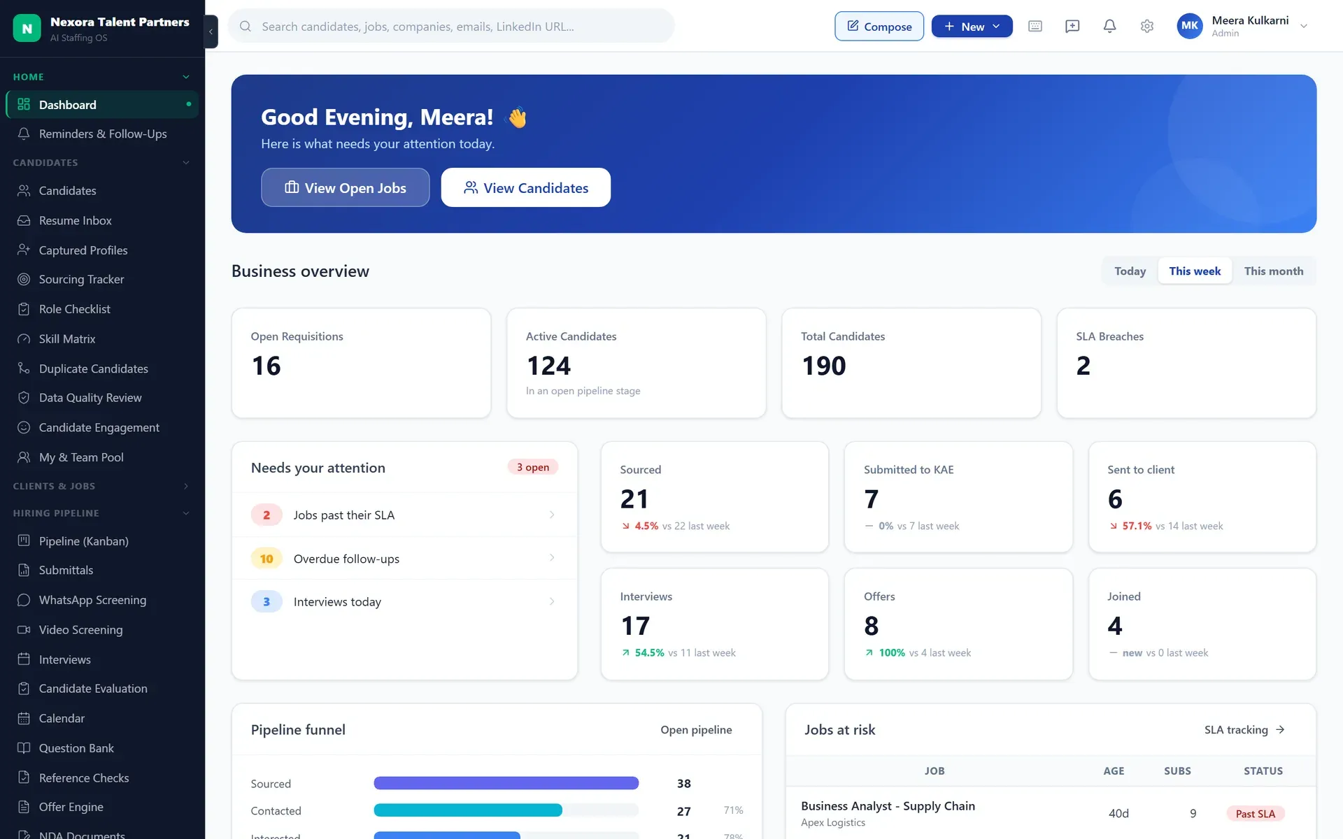 AVIIN ATS dashboard with open requisitions, active candidates, a hiring pipeline funnel and jobs at risk (demo data)