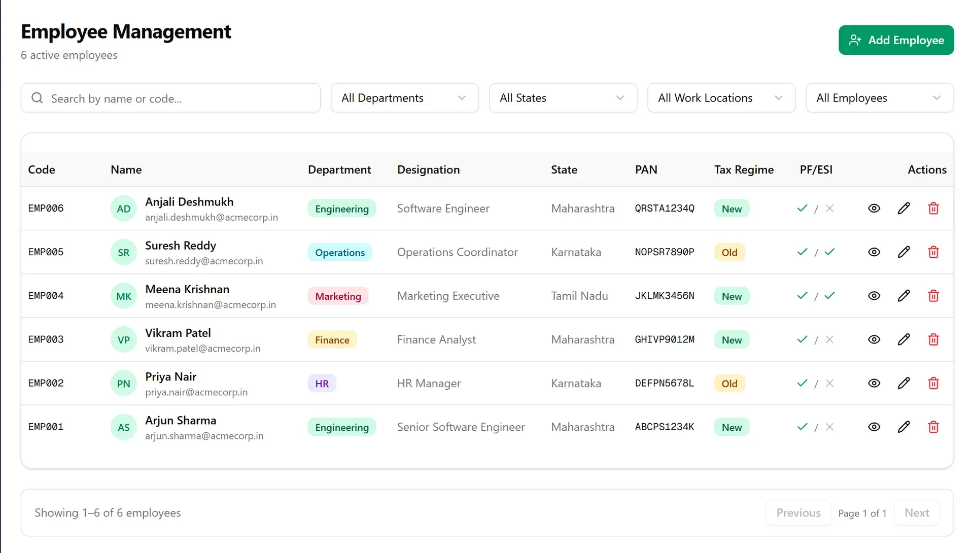 PayrollPro employee list with code, department, designation, state, tax regime and PF and ESI status, with search and filters (demo data)
