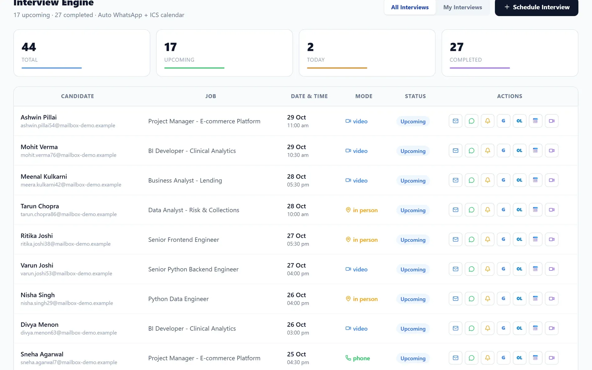 AVIIN ATS interview schedule with upcoming interviews, mode, status and action buttons (demo data)