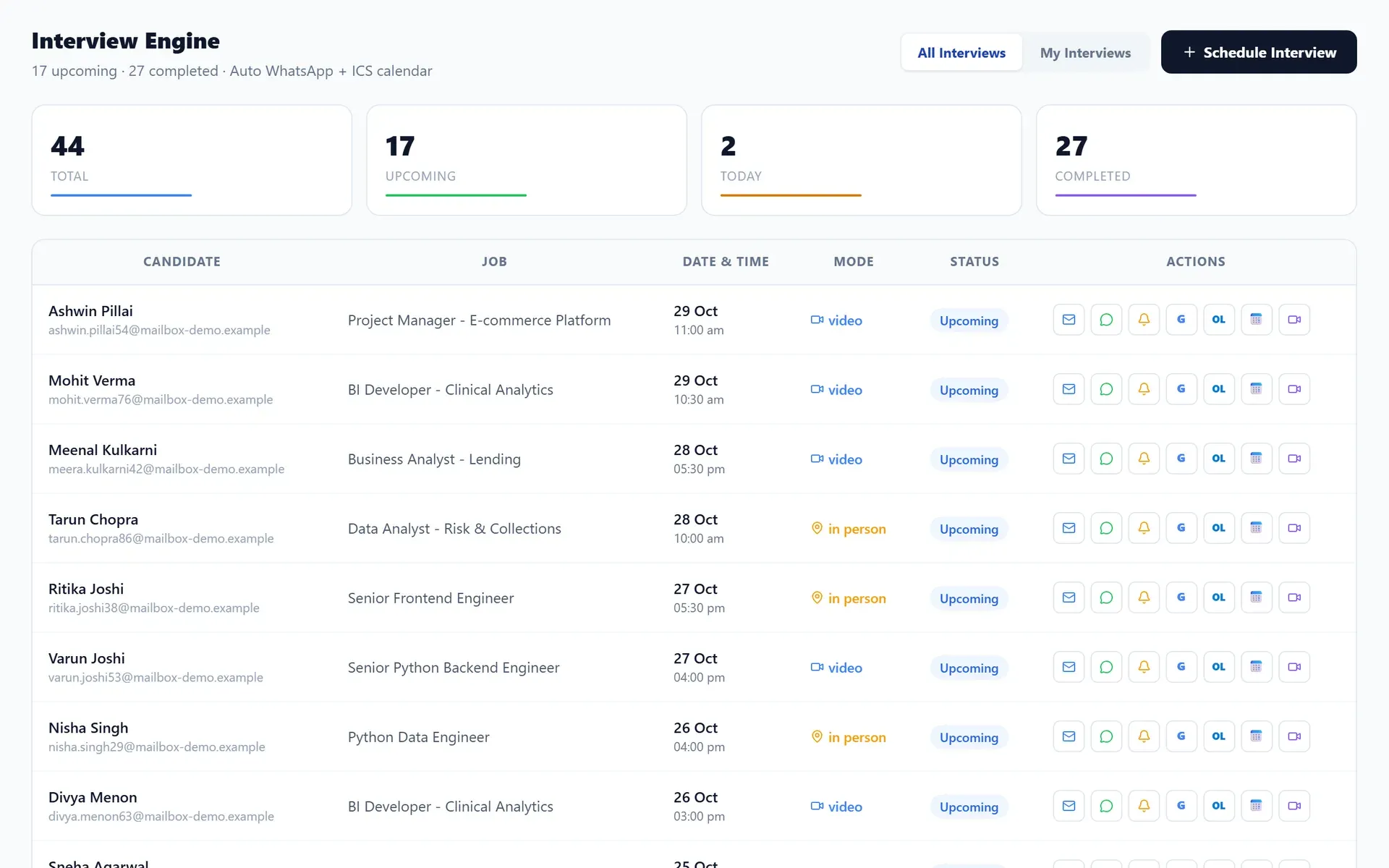AVIIN ATS interviews page listing upcoming and completed interviews (demo data)