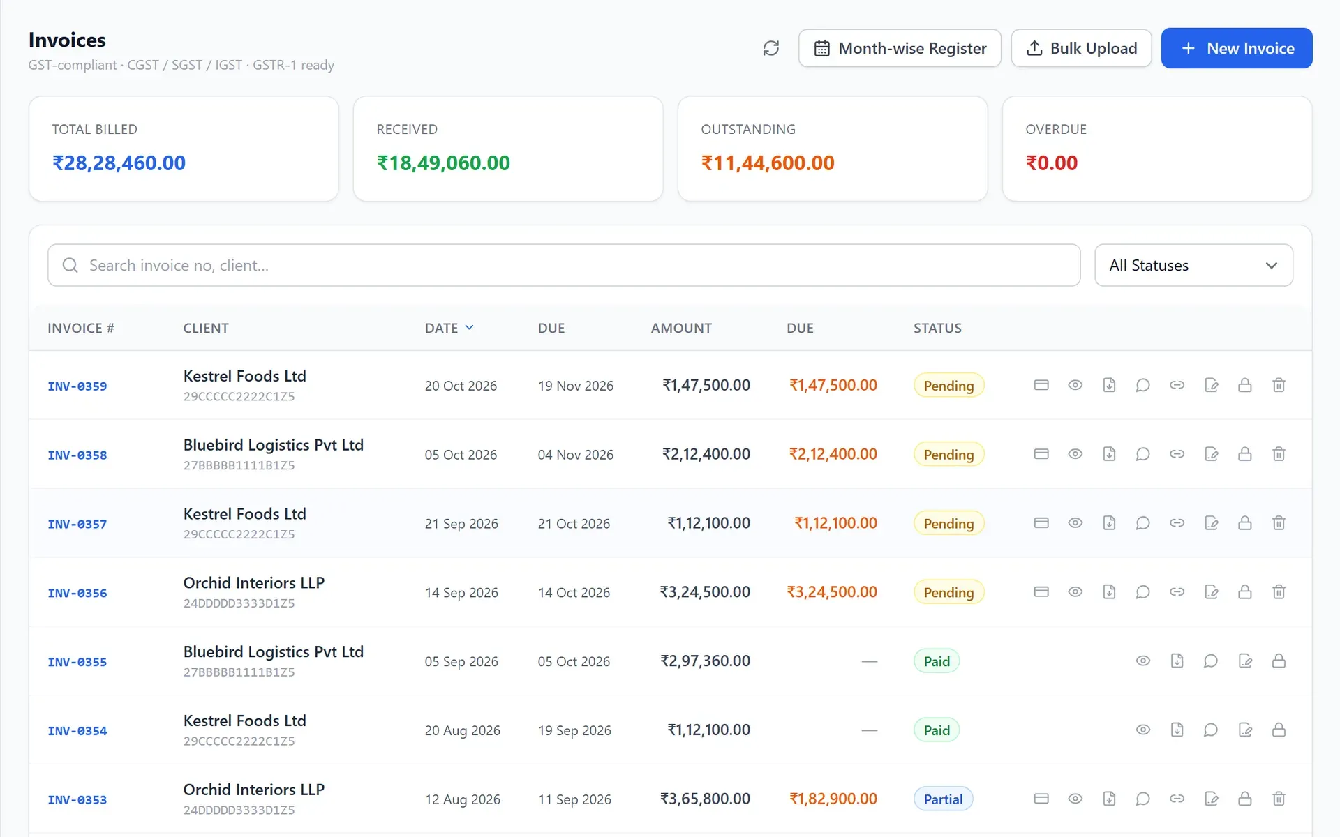 FinStack ERP invoice list (demo data)