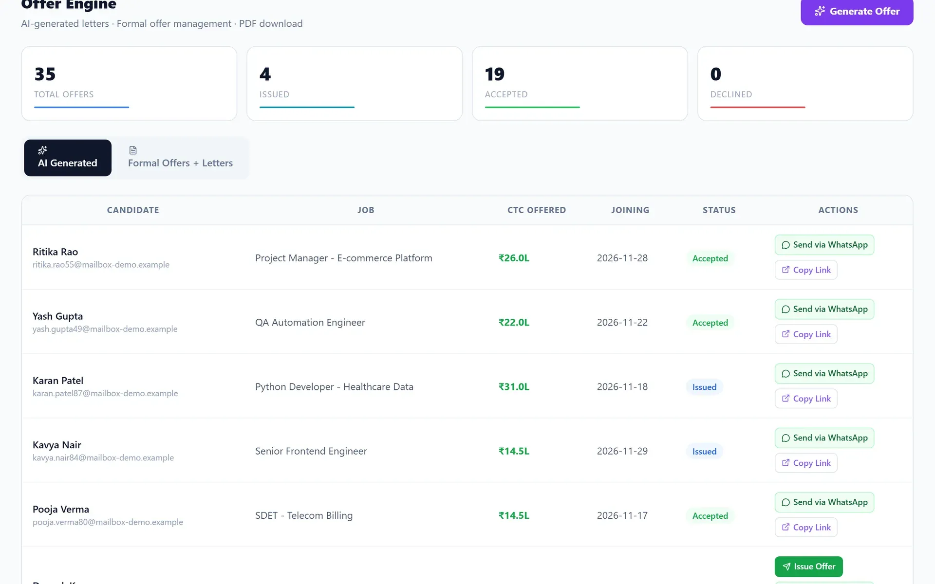 AVIIN ATS offer engine listing offers with candidate, job, CTC offered, joining date and status (demo data)