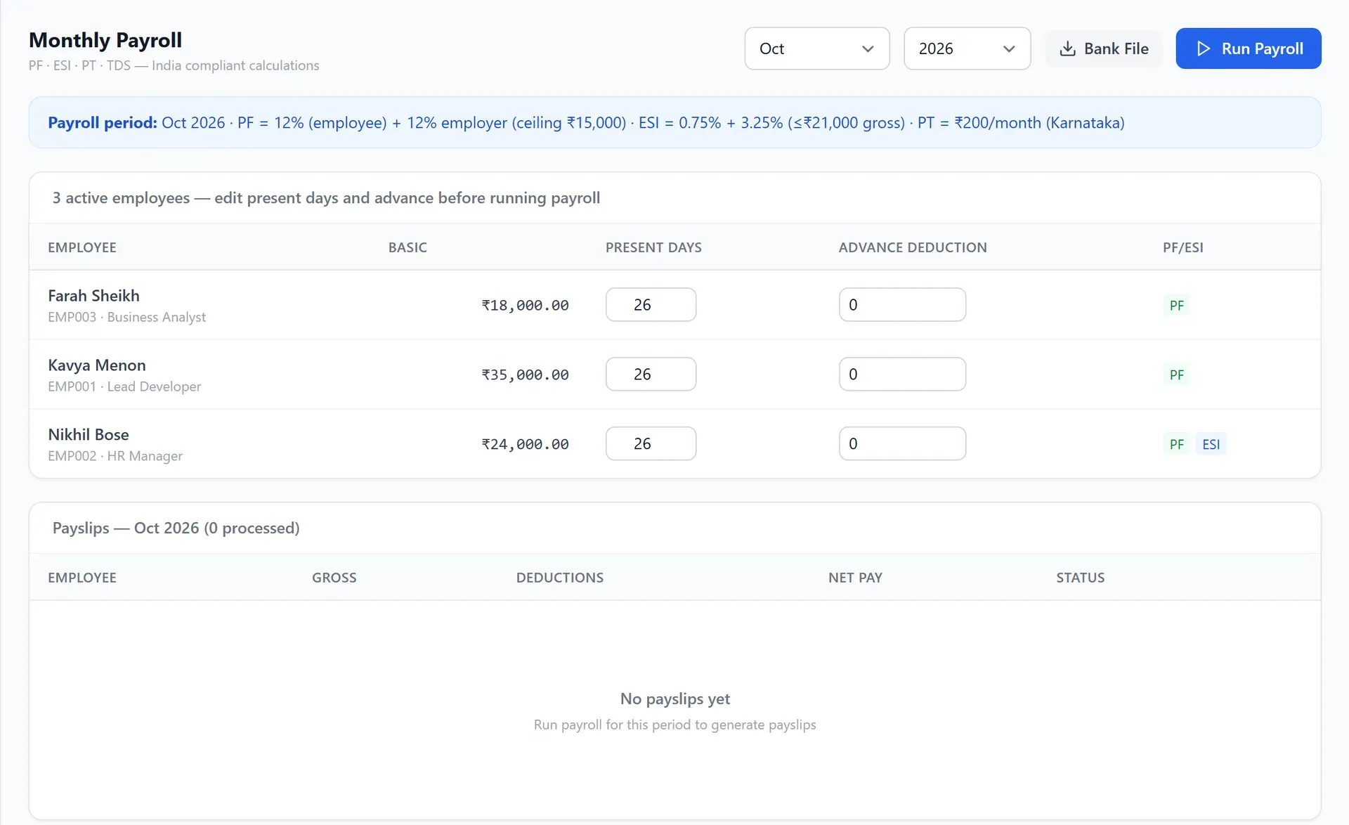 FinStack ERP monthly payroll page listing employees with basic pay, present days and advance deduction, and a payslips table below (demo data)