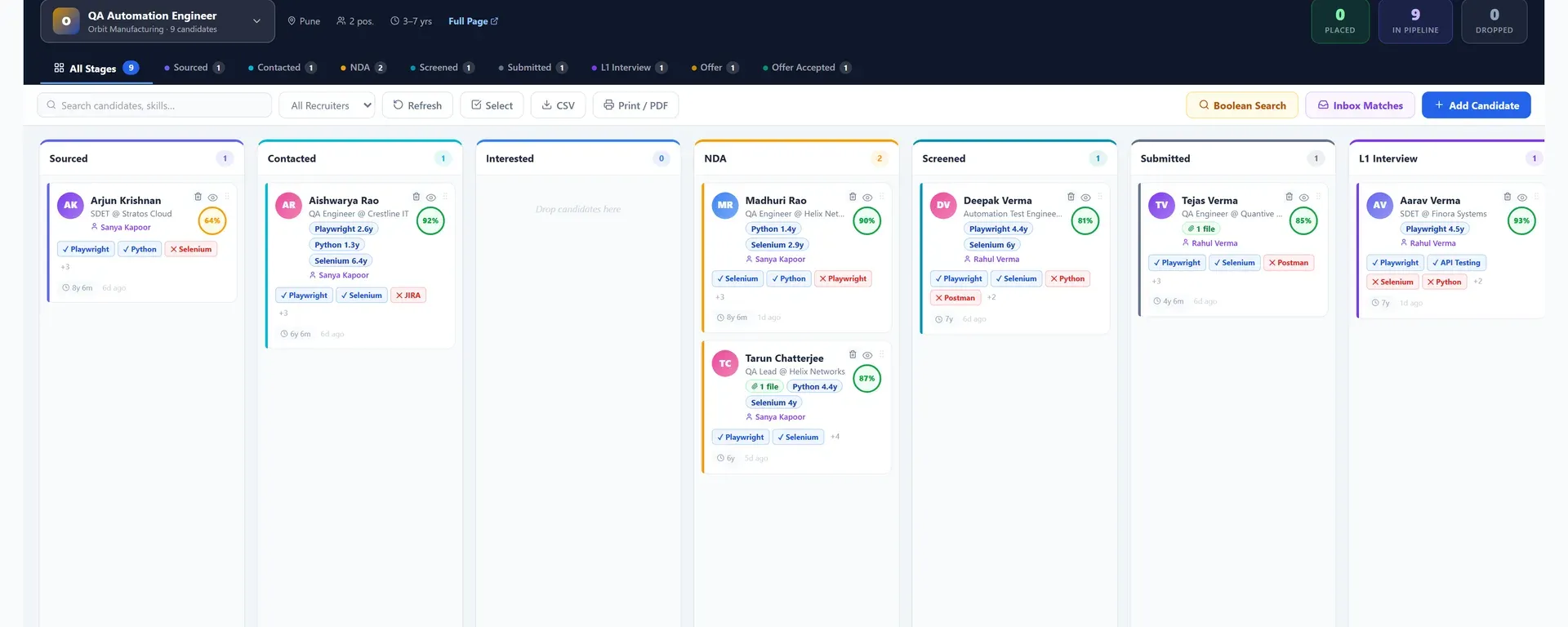 AVIIN ATS pipeline board for one job with candidates in stages from sourced to interview, each with a match score and skills (demo data)