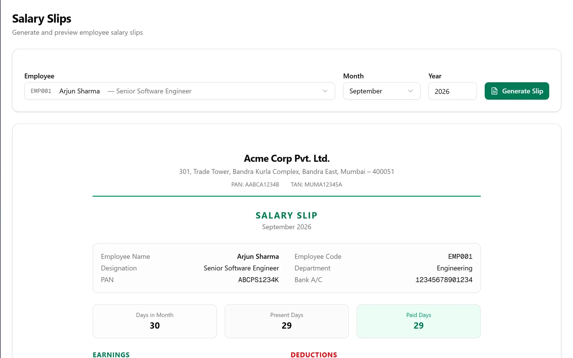PayrollPro salary slip for one employee with company details, days in month, present and paid days, earnings and deductions (demo data)